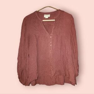 Anthropologie Maeve Raisin Brown Pleated Balloon Sleeve V-Neck Top 2 Rayon Soft